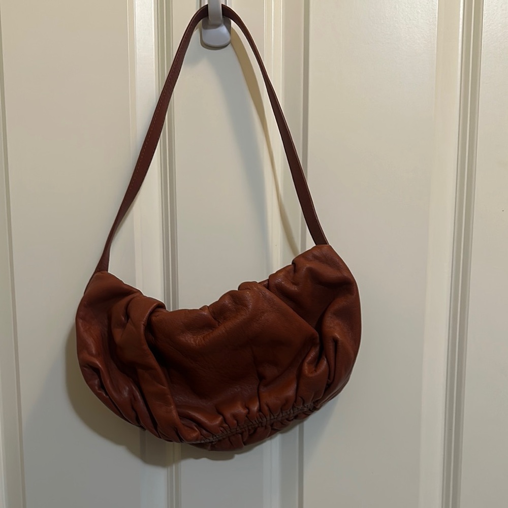 Brown Ruched Lambskin baguette Shoulder Bag